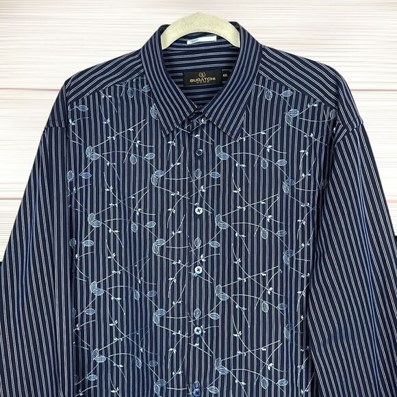 Bugatchi Uomo Men's Cotton Striped Navy Blue Embroidered Button Down Shirt XXL - Picture 1 of 14